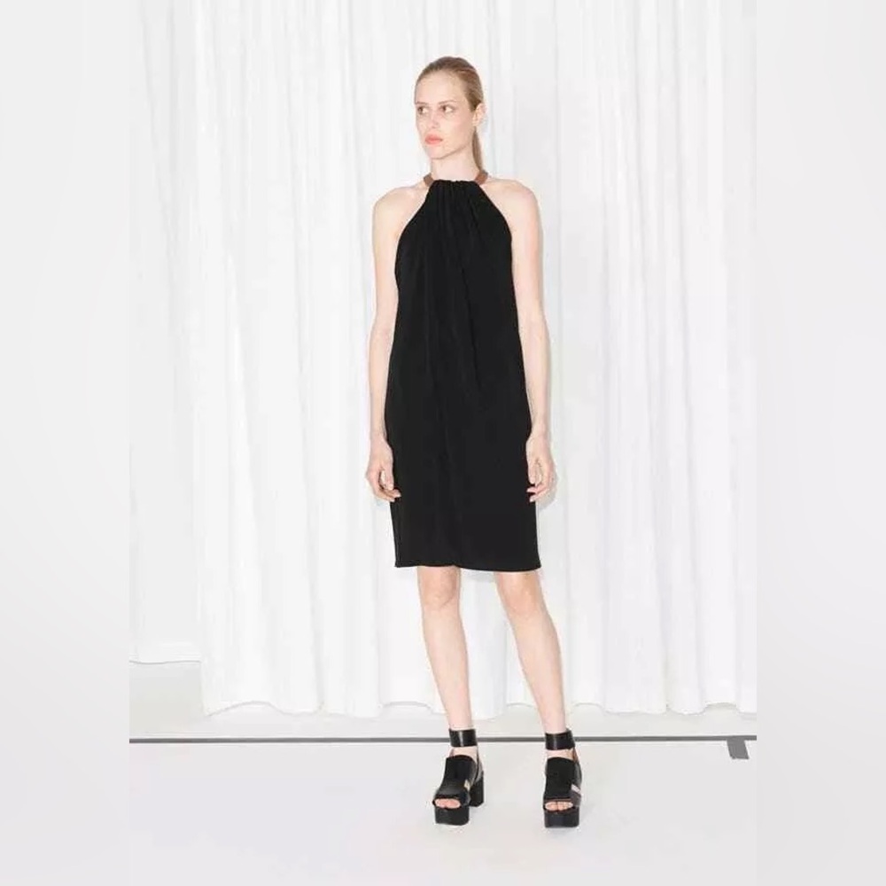 & Other Stories Draped Black Halter Dress with Leather Collar